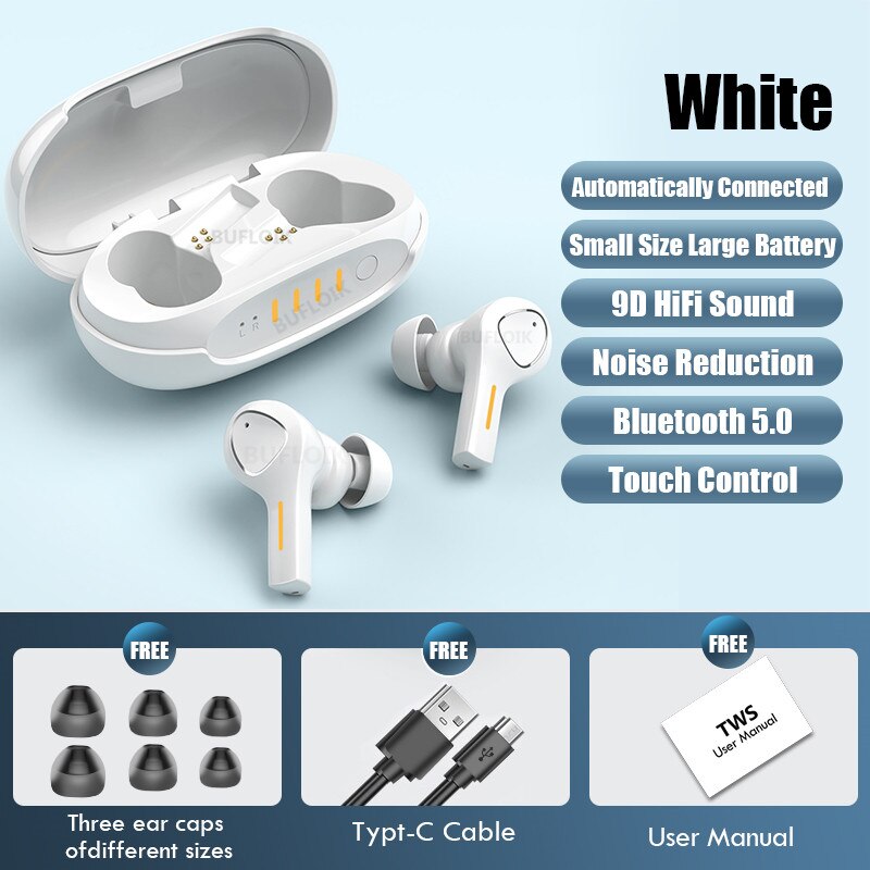 Bluetooth 5.0 Koptelefoon Waterdichte Draadloze Hoofdtelefoon Hd Stereo Sport Oordopjes Touch Control Bluetooth Headsets Met Microfoon: White