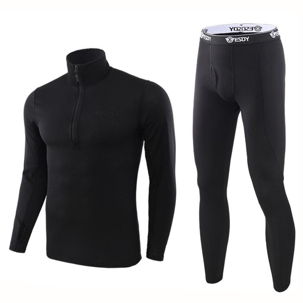 ESDY Motorcycle Thermal Underwear Set Quick Dry Stretch Men Thermo Underwear Running T-shirt Set Tight Long Tops & Pants M-2XL: XXL / Black