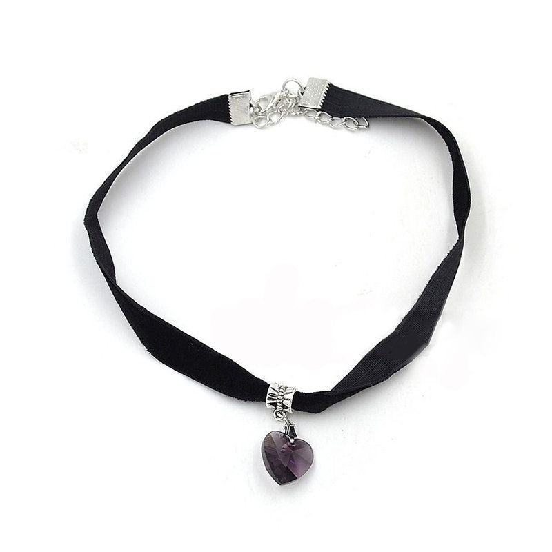 Retro Gothic Velvet Heart Crystal Choker Handmade Necklace Pendant LXH