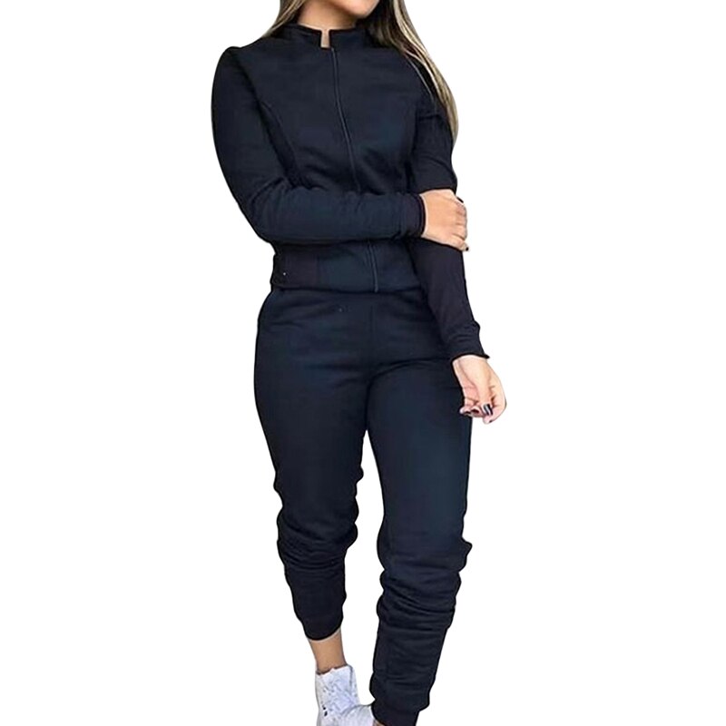 Loozykit Vrouwen Sportwear Set Effen Kleur Trainingspak Sweatshirts Fleece Joggers 2 stuk Running Set Dikke En Dunne Herfst Winter: thin-black / XL