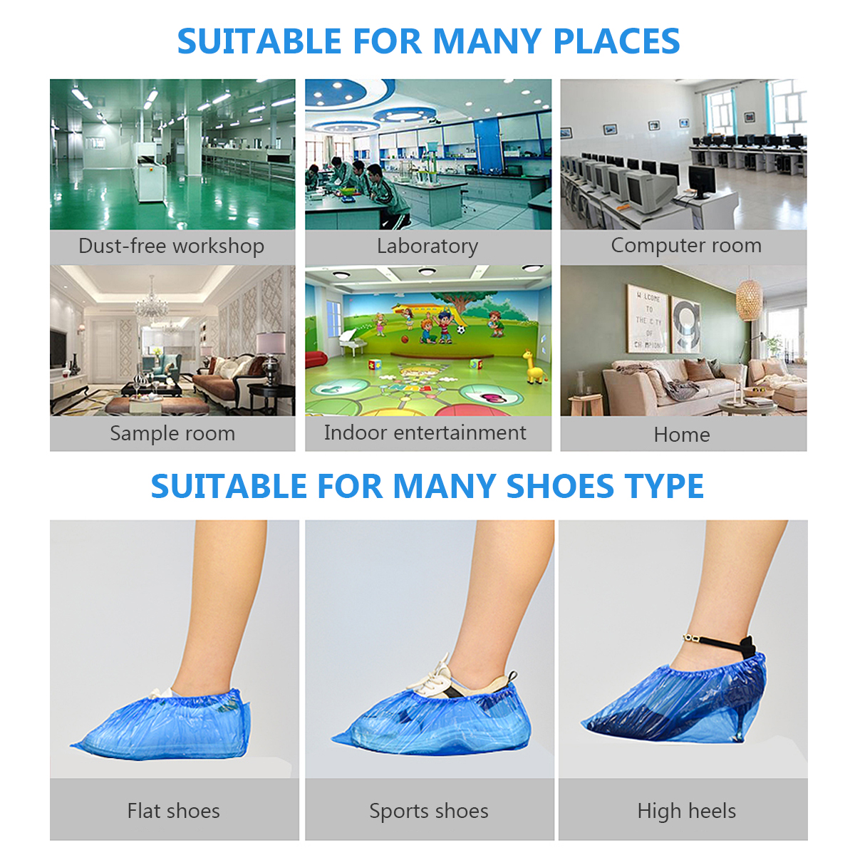 Couvre-chaussures jetables en plastique épais, 100 pièces, résistant à l'eau, bleu, pour l'extérieur, tapis de nettoyage, pour les jours de pluie