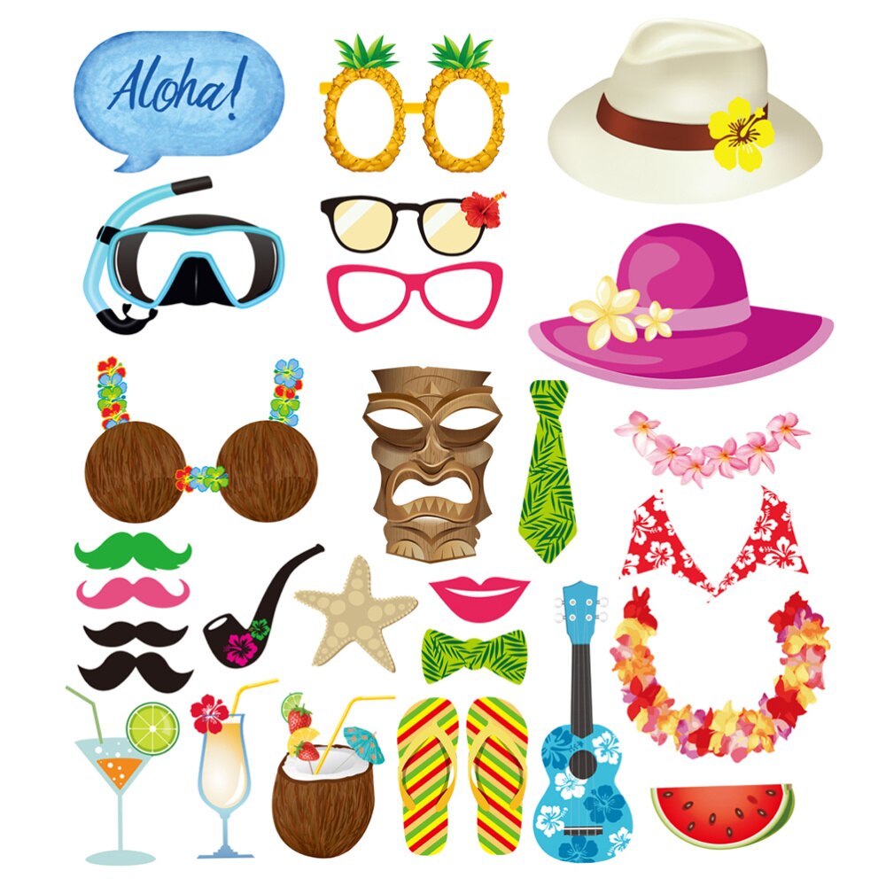 28pcs Hawaii Photo Booth Props Kit Beach Vacation Seaside Photobooth Dress-Up Accessories