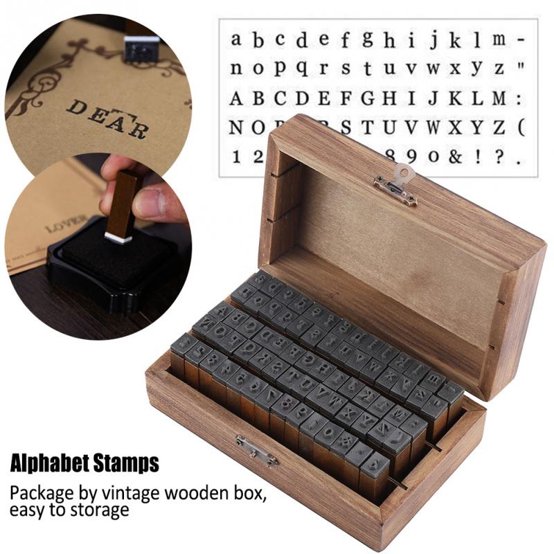 70 pièces Vintage bricolage numéro et Alphabet lettre bois caoutchouc timbres ensemble avec boîte en bois pour l'enseignement du jeu des fournitures scolaires