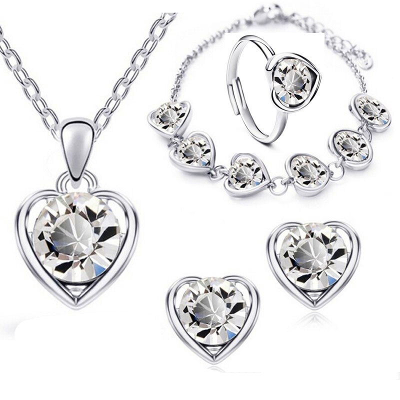 Luxury Female Rainbow Crystal Wedding Jewelry Set Cute Gold Silver Color Stud Earrings For Women Boho Love Heart Chain Necklace