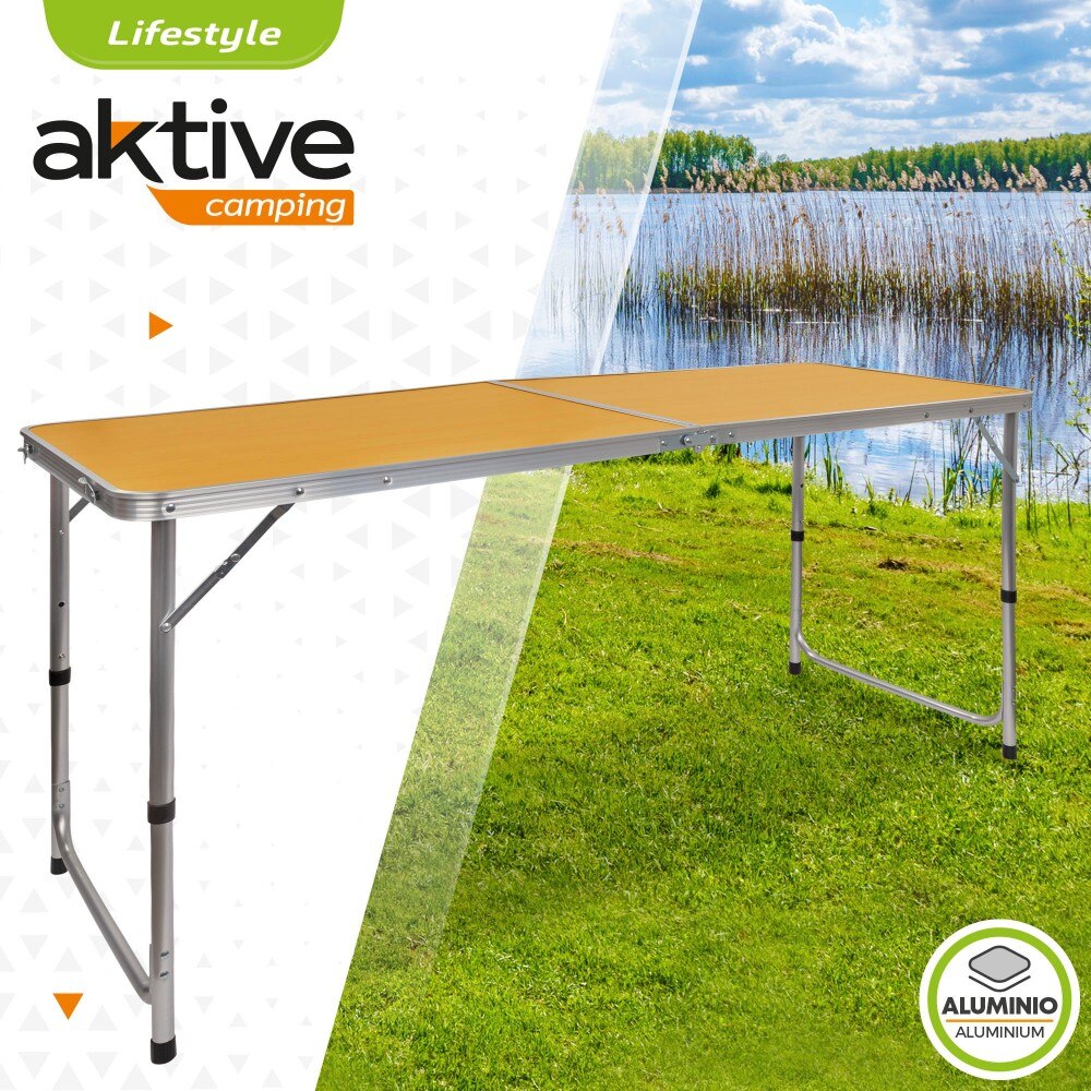 Mesa plegable altura regulable de camping madera Aktive, 150x60x70 cm, Mesa plegable camping, Mesas plegable aire libre