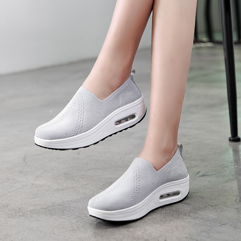 Minika Sneakers Women Air Cushion Rocking Shoes Thick Sole Slimming Shoes Height Increase Fitness Shoes Slip On Jumping Shoes: Grey / 5