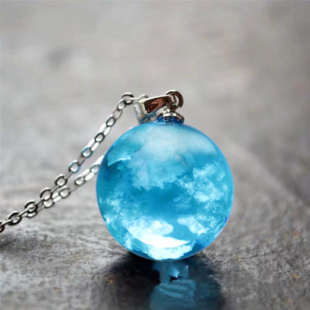 Blue Sky White Cloud Chain Pendant Necklace Janedream Chic Transparent Rould Ball shape Resin Necklace for Women Jewelry