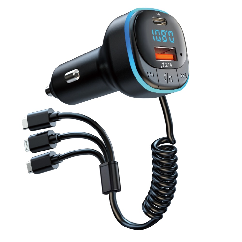 Lettore MP3 per auto con trasmettitore FM senza fili Caricatore per auto doppio USB kit per auto con risposta uno tocco con cavo di ricarica 3 in 1