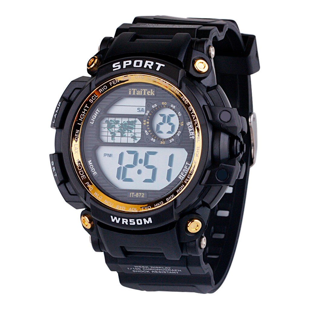 Multifunctionele Heren Horloge Waterdicht Jongen Lcd Digitale Horloge Stopwatch Sport Horloge Erkek Kol Saati Relogio Masculino: Goud
