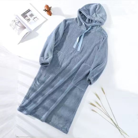 Women Nightgowns Coral Fleece Solid with Hat Drawstring Thicken Warm Home Soft Females Leisure Sleepwear Chic Trendy Sleepshirts: blue / L