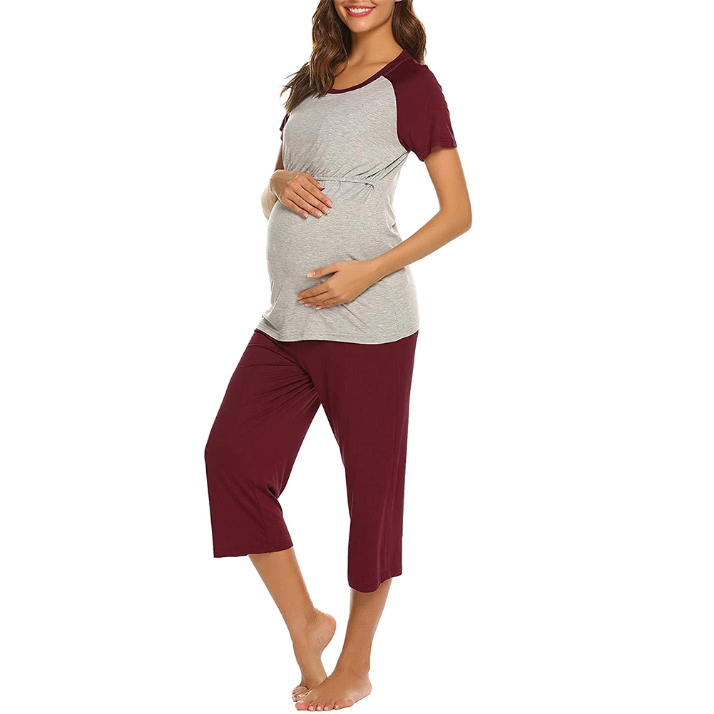 Femmes allaitement hôpital soins infirmiers pyjama ensemble élastique manches courtes pour maternité automne taille réglable hauts 3/4 pantalon maison