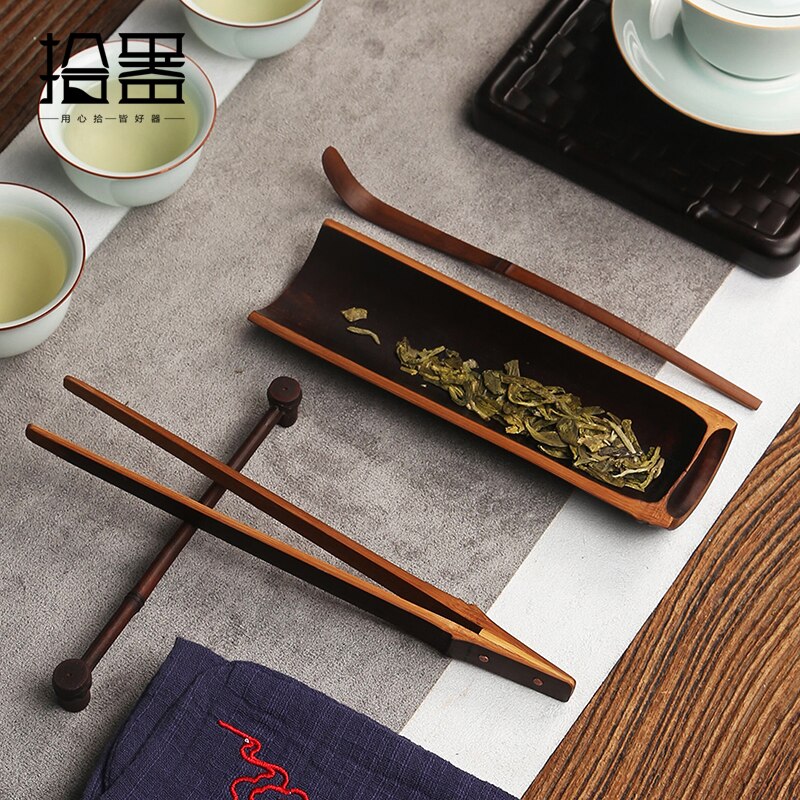 Håndlavet naturlig bambus te scoop kinesisk tesæt 4 stykke sæt kulør grøn te matcha kaffeske tilbehør værktøjer