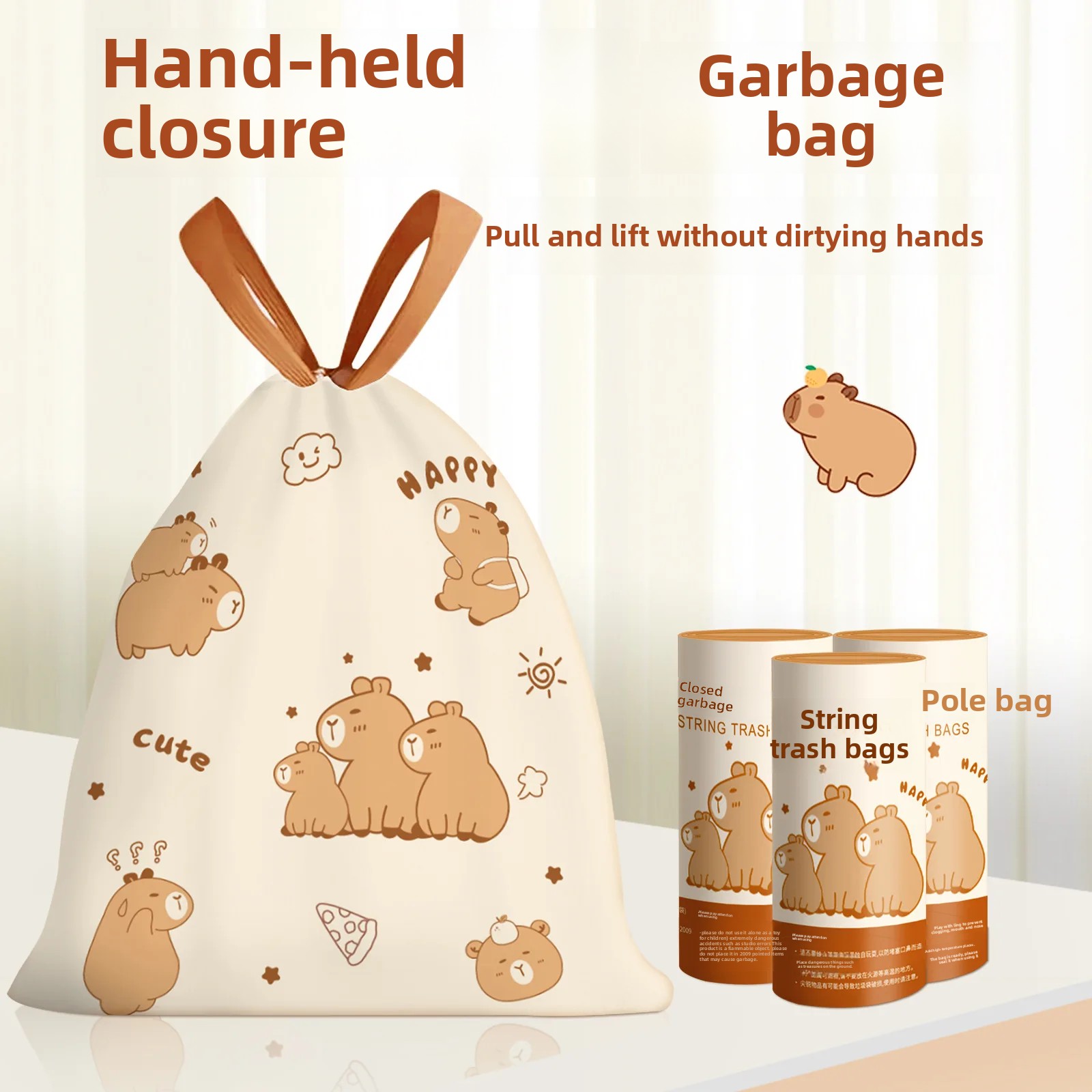 Thickened Handheld Drawstring Kitchen Cleaning Plastic Bags Large Size Cartoon Printing Garbage Bags Household Essential