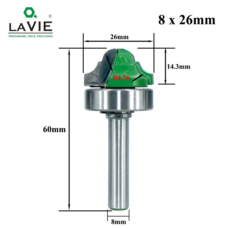 Lavie 1pc 8mm skaft leje skaft dobbelt romersk ogee kantfræser bit fræser til træ træ line kniv hobbing  mc02100: 8 x 26mm
