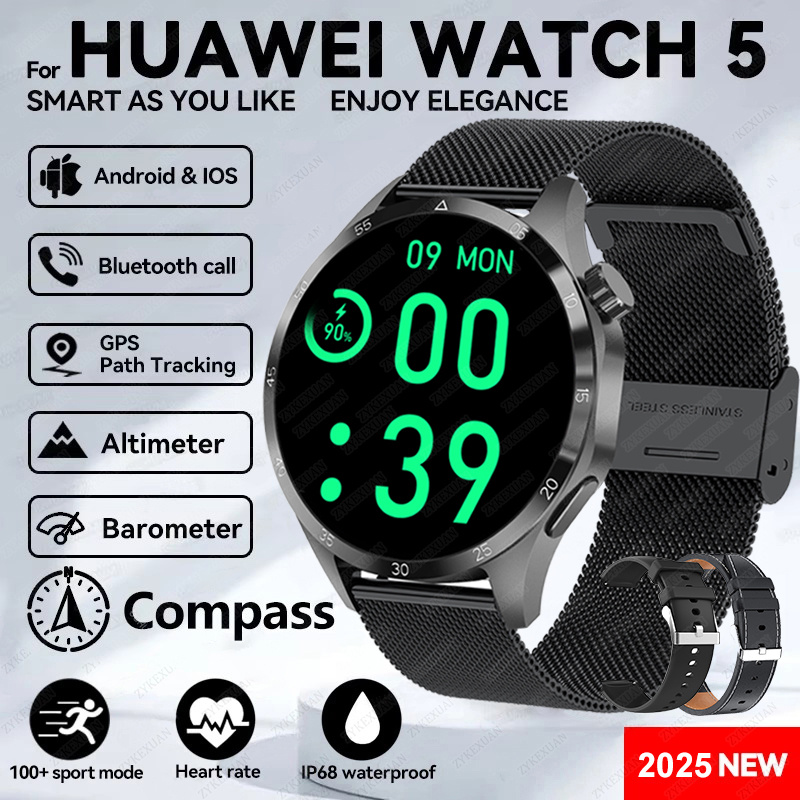 2025 novo para huawei relógio 5 pro relógio inteligente masculino tela amoled nfc gps bússola freqüência cardíaca à prova dwaterproof água bluetooth chamada smartwatch: Prateado