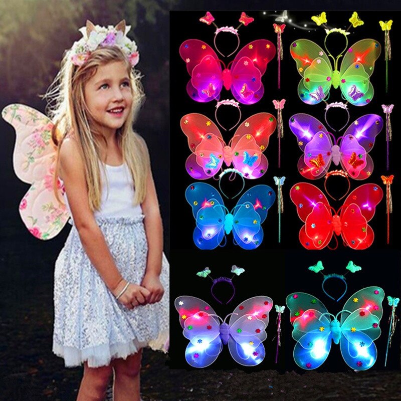 3 Stks/set Dubbele Lagen Meisjes Led Knipperlicht Fairy Butterfly Wing Toverstaf Hoofdband Kostuum Speelgoed