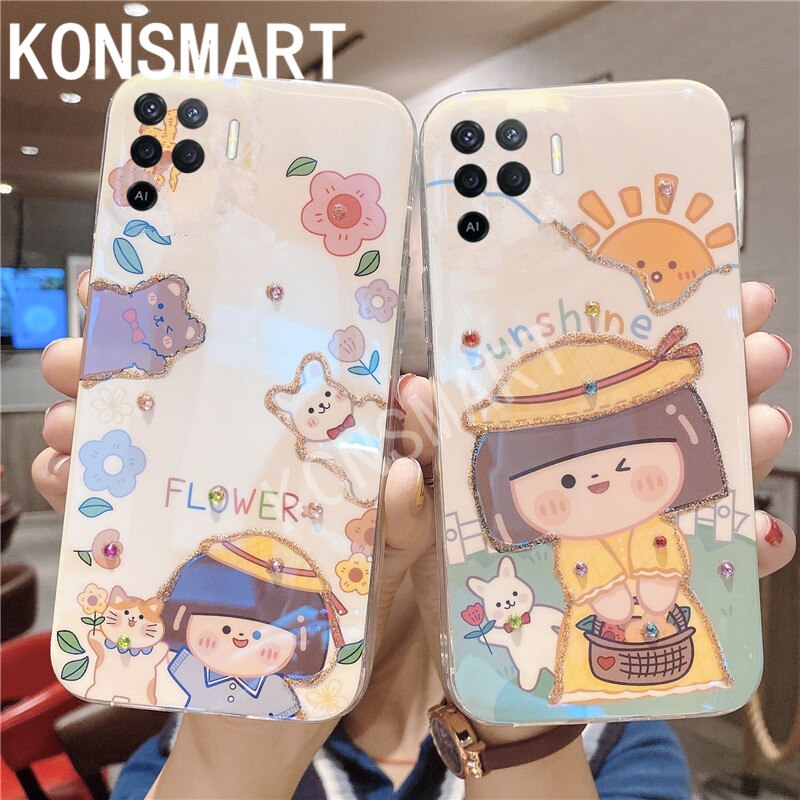 KONSMART For OPPO Reno5 Lite Case Blue Light Rhinestone Cute Girl Cover Soft Glitter Silicone Phone Case Reno 5lite With Holder