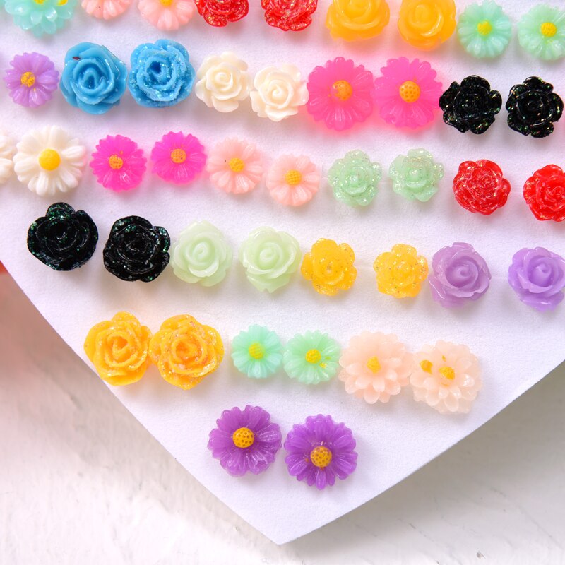 36 Pairs/Set Pink Flower Earrings Trendy Mix Cartoon Plastic anti-allergy Stud Earrings for Women Girls Child Jewelry