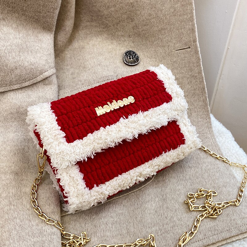 Bolsa de tejido artesanal moderna, bolso de lana de tela de malla, hecho a mano, con gancho de pestillo, bolso de hombro práctico, accesorios: WineRed