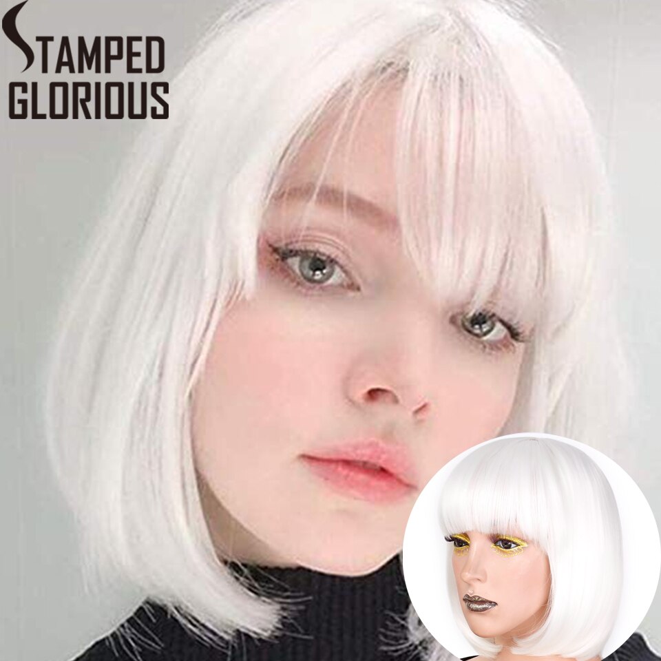Estampillé glorieux court Bob Head perruque avec frange noir/blanc/marron synthétique perruque droite naturel résistant à la chaleur: 60