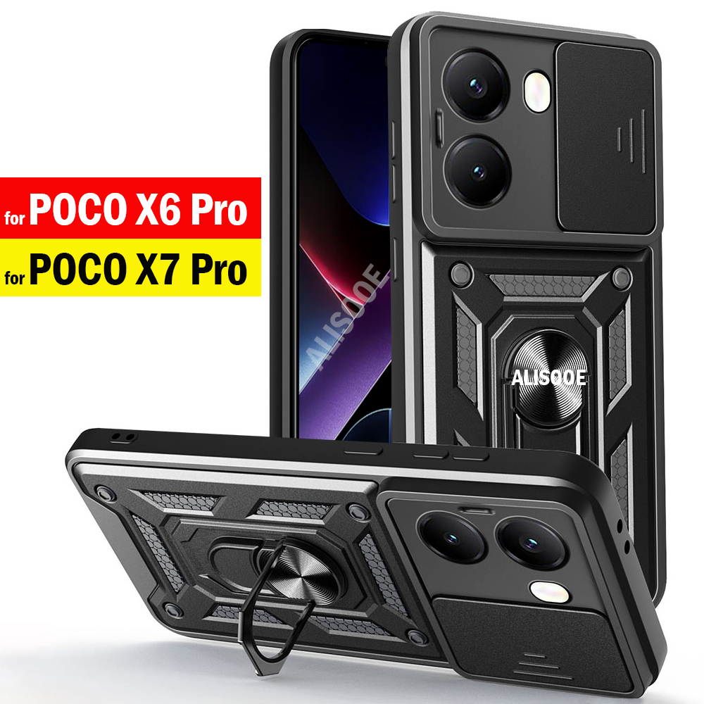 Capa For POCO X7 Pro / X6 Pro 5G Case Armor Slide Camera Lens Protection Back Cover for Xiaomi POCO X6 Pro 5G Ring Stand Funda
