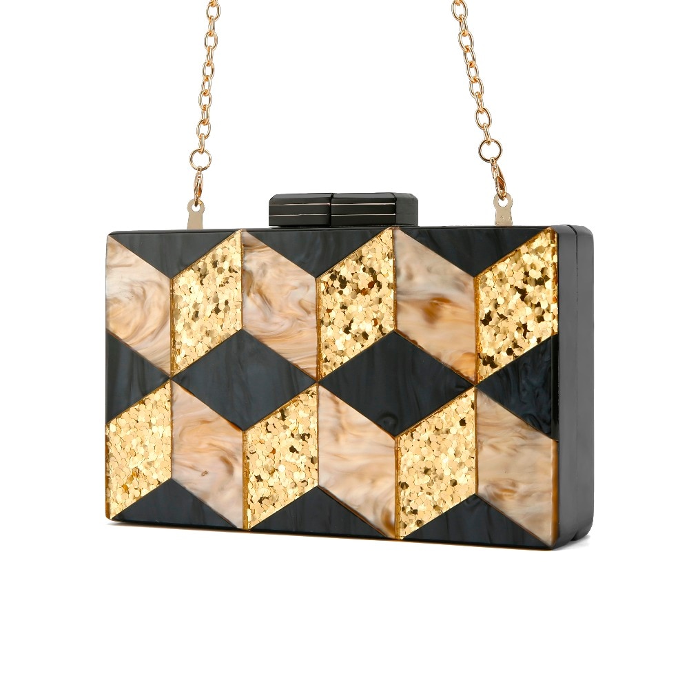 Naken guld glitter svart pärl randig geometrisk akryl clutch kvinnor axel messenger kväll sommar strand klaff akryl väska