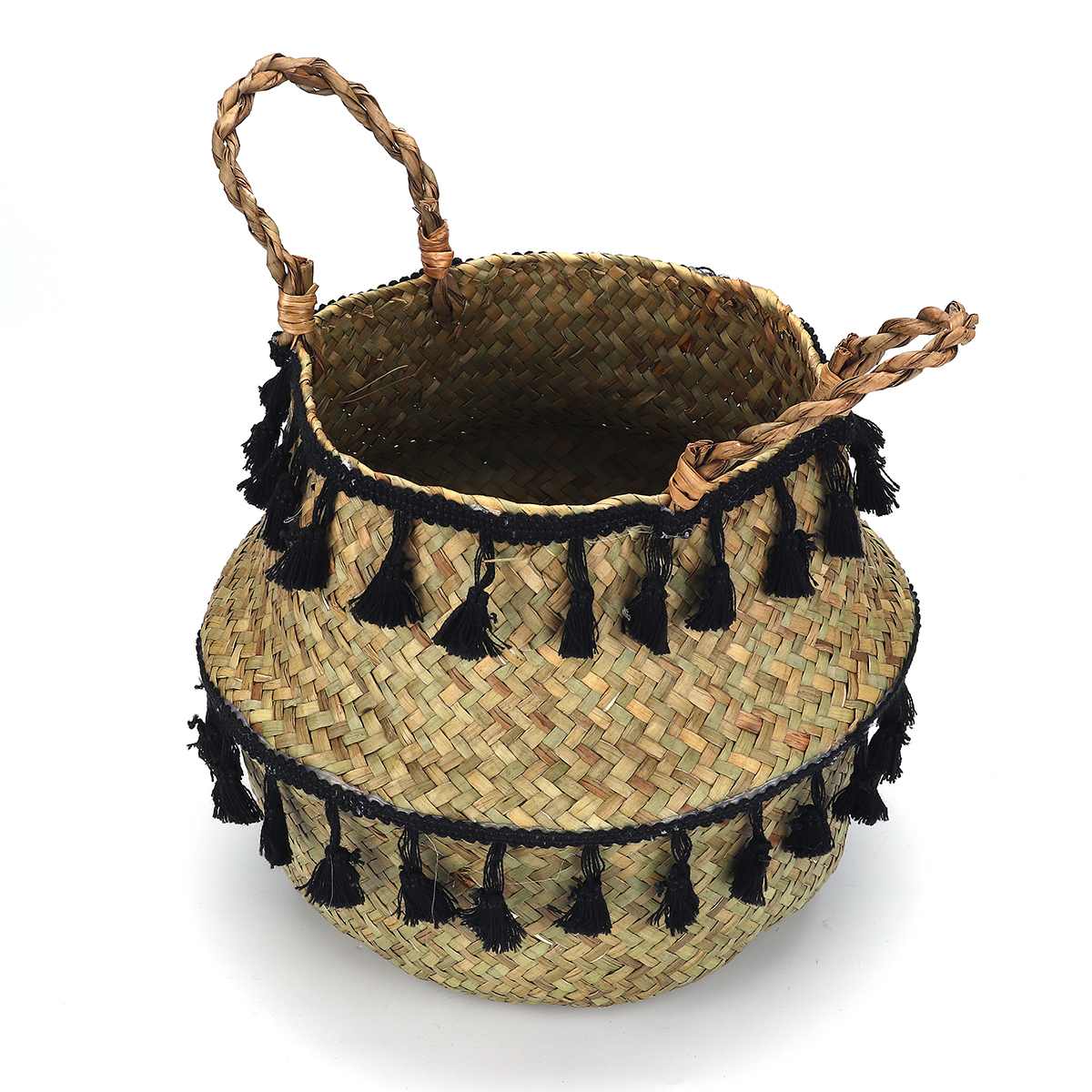 Panier de rangement pliable en osier avec pompon | Pot de fleurs naturel tissé à la maison, panier à linge