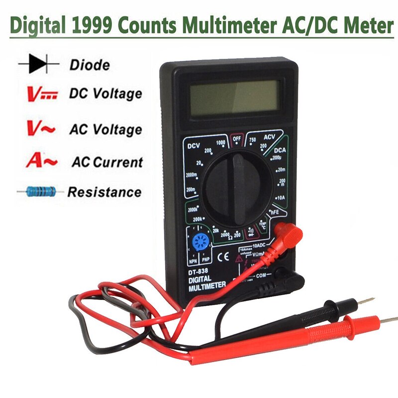 LCD Digital Multimeter Tester Hand Voltmeter Measuring Current Resistance Temperature Meter AC/DC Ammeter Test Lead Probe Test: DT838
