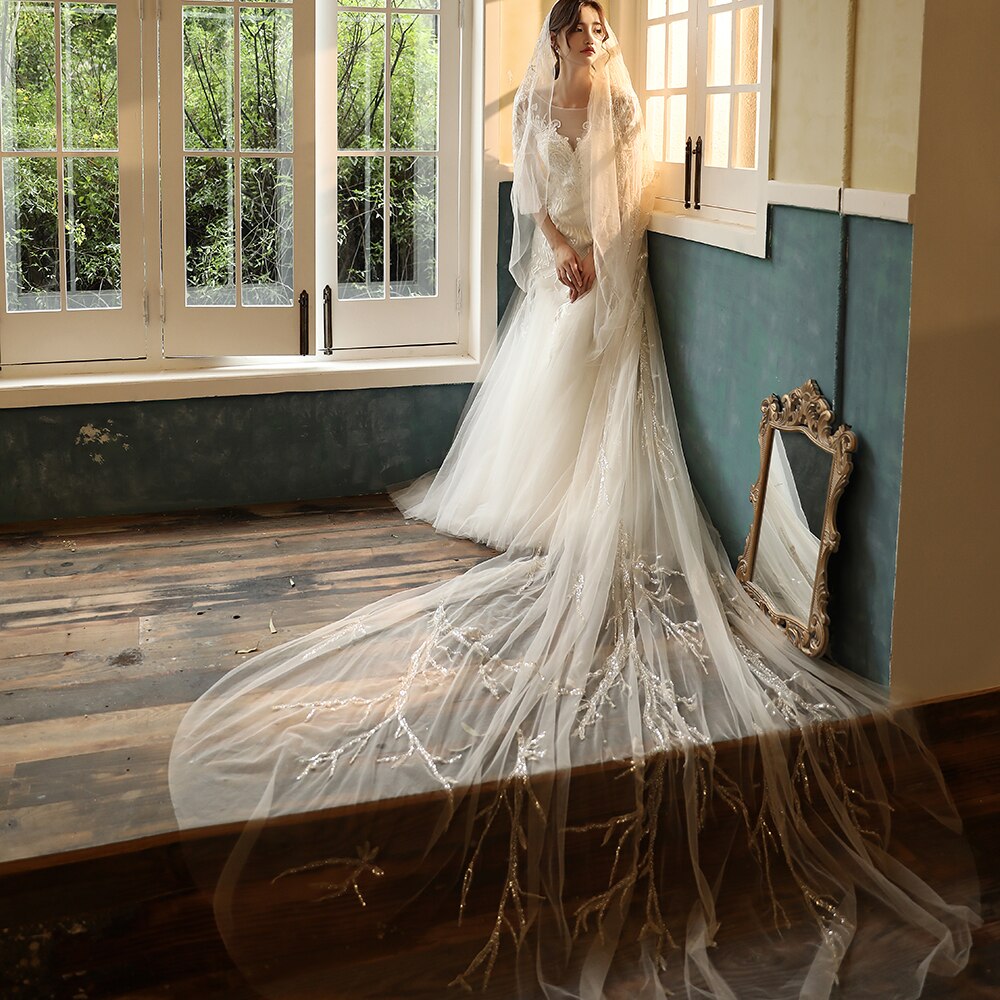 Champagne 3 meters wide 4 meters long high-end yarn champagne and rice white lightning flash branches metal dazzling bride veil