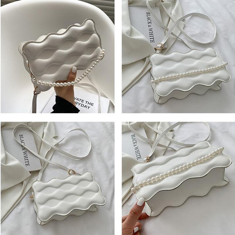 Neue lässig Umhängetaschen für Frauen Schulter Taschen Damen Handtaschen Pu Leder Wellenförmige Perle Kette Bote Taschen