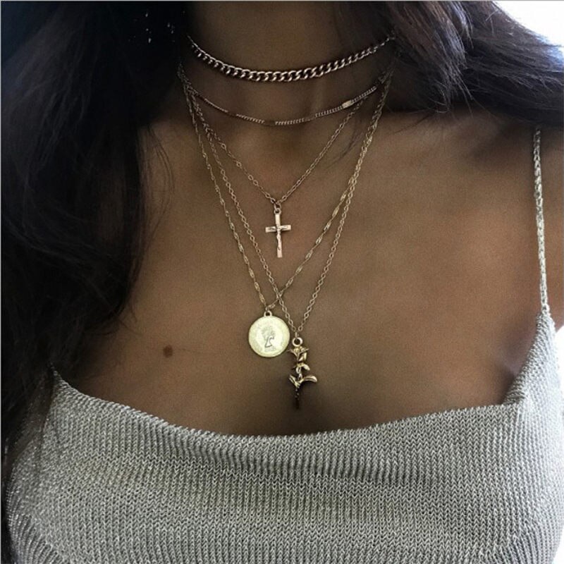 fuyo Crystal Bohemian Multi Layer Pendant Necklaces For Women Golden Geometric Charm Chains Necklace Jewelry Best