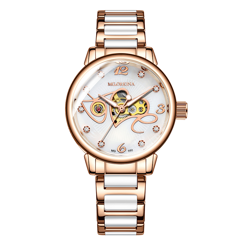 ORKINA Mechanische Frauen Armbinde Uhr Skelett Automatische Armbanduhr Gittergewebe Edelstahl Band Weibliche Uhr schick Reloj Mujer: 090 Rose C