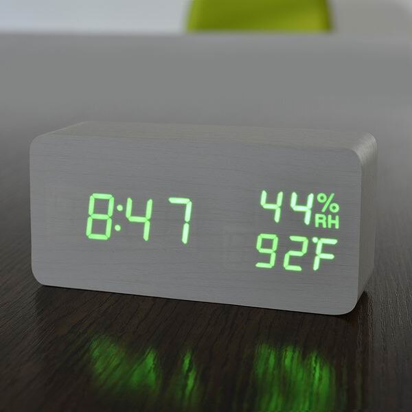 FiBiSonic Modern Simple LED Alarm Clock Temperature Humidity Show Clock Desktop Electronic Sound Control Digital Clocks Table De: white green