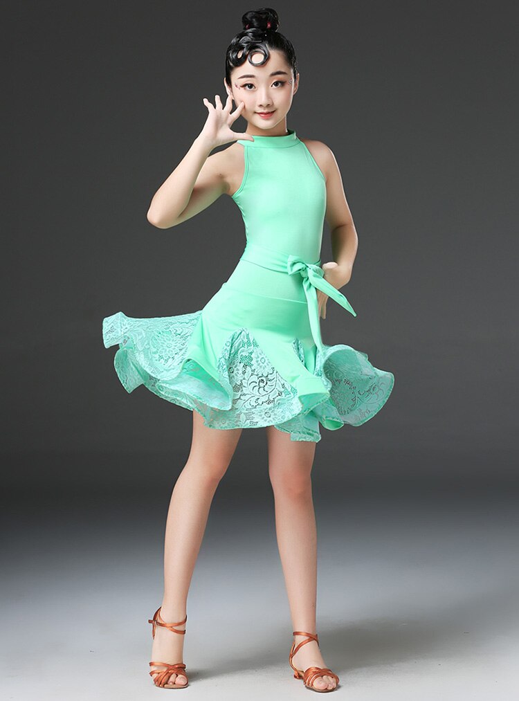 Lace Latin Dance Dress For Girls Child Salsa Tango Ballroom Dancing Dress Competition Costume Kids Practice Dance Clothes