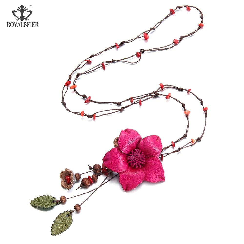 RoyalBeier 5 Kleuren Leer lucky Bloem Leaf Lange Hanger Ketting Bohemian Stijl Lederen Ketting Lange Vrouwen Ketting XL0148