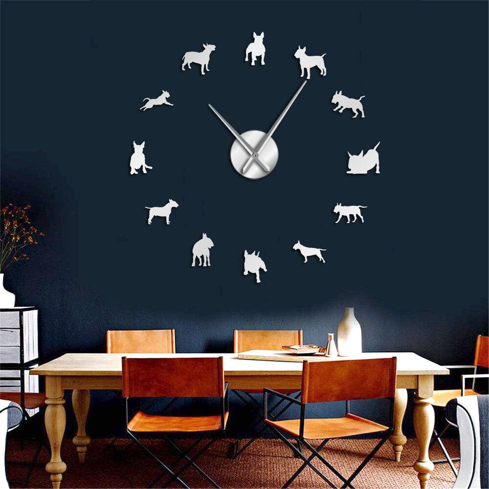 Horloge murale pour chien Bull Terrier, grande horloge murale, grande aiguille, décoration d&#39;animalerie, pour les amoureux des Bull Terrier, carlin: Argent