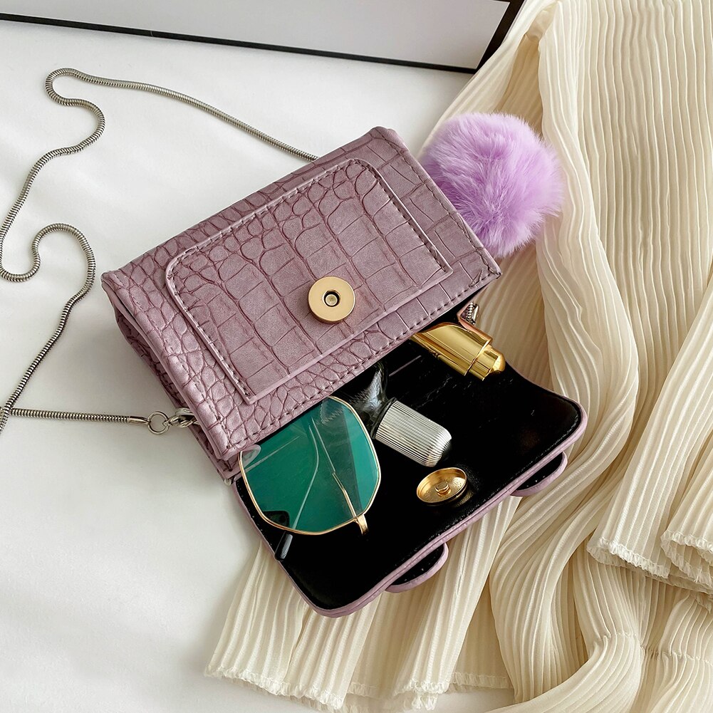 Mini vierkante crossbodytas met krokodillenmotief, leren dameshandtas met ketting en schoudertas