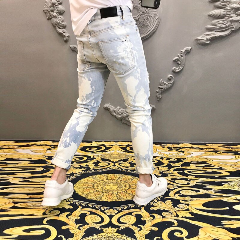 High Street Brand Hole Patch Diamond Jean For Men Jeans Hombre Graffiti Drill Jeans Men&#39;s Light Blue Ripped Tights