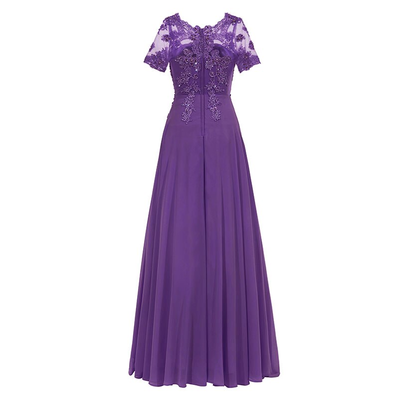 Tanpell purple long evening dress lace beading o neck short sleeves ankle length a line dress women formal prom evening dresses