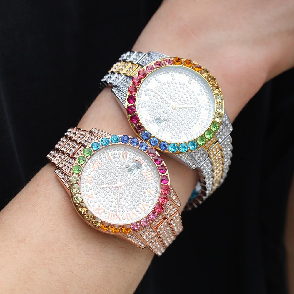 Inew Missfox Grote Rainbow Diamond Luxe Heren Horloges Top Luxe 18K Gold Mannen Horloge Luxe Iced Out quartz Wristwat