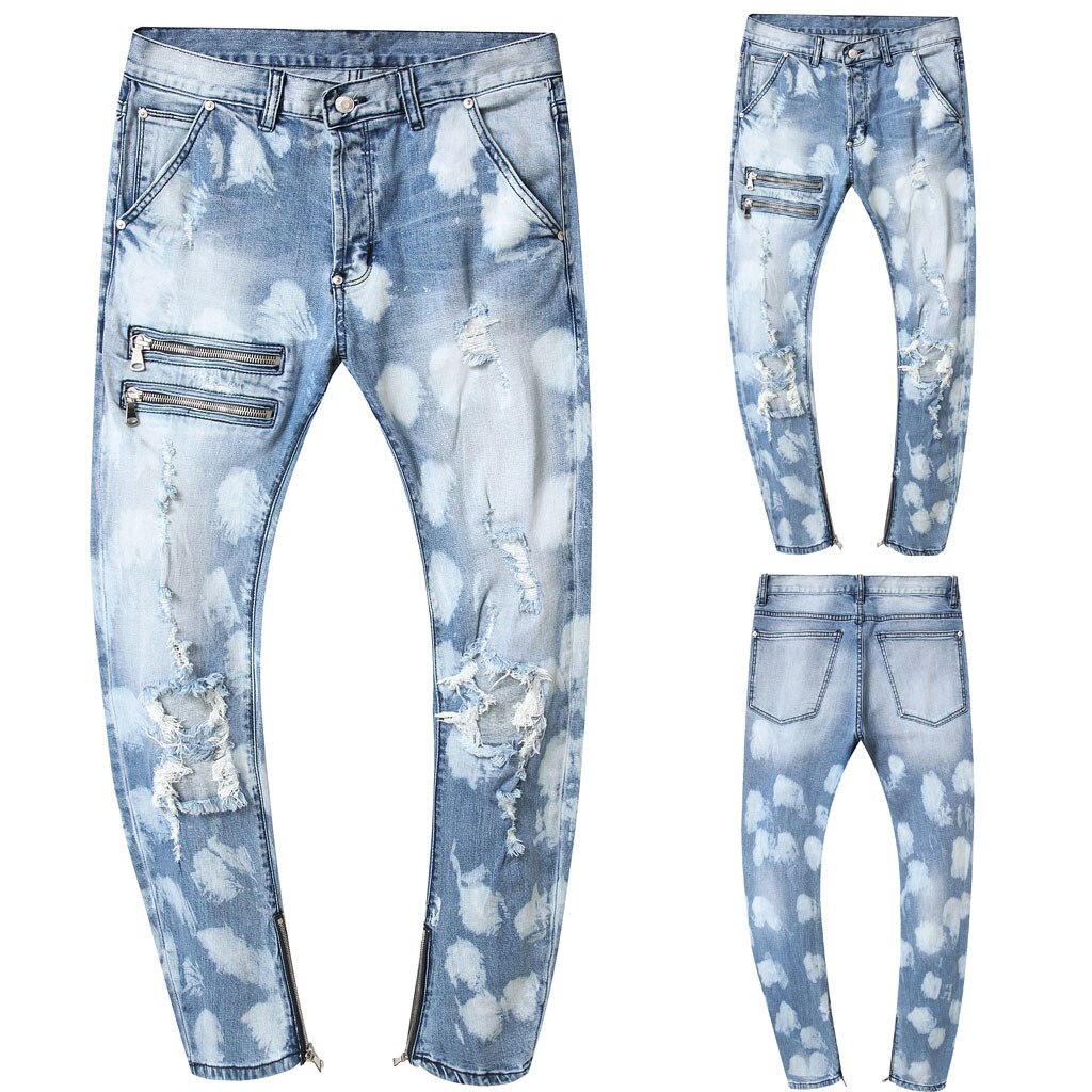 Men's Zipper Skinny Stretch Denim Pants Slim Fit Jeans Trousers Male Ripped Skinny Trousers Daily Straight Denim Pants