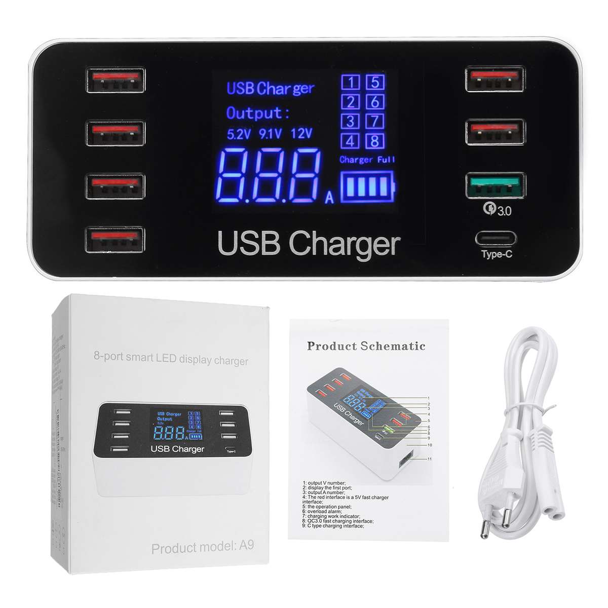 Quick Charger 3.0 Usb Charger 40W Usb Type C Snel Opladen Station Mobiele Telefoon 8 Poort Multi Smart lader Met Led Display: eu