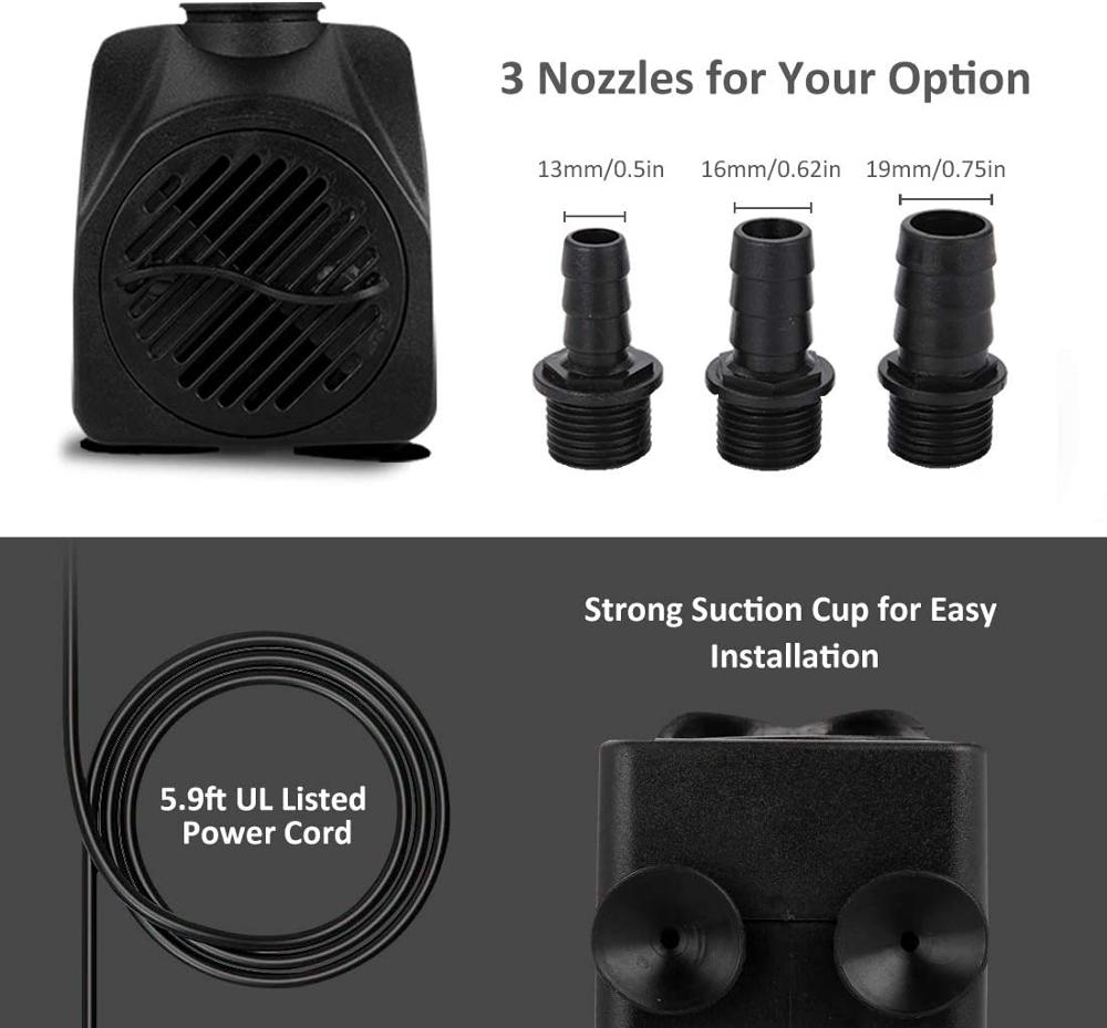 550GPH 30W CE Ultra Quiet Submersible Fountain Water Pump, 2000L/H, with 7.2ft High Lift, 3 Nozzles for Aquarium, Fish Tank, P