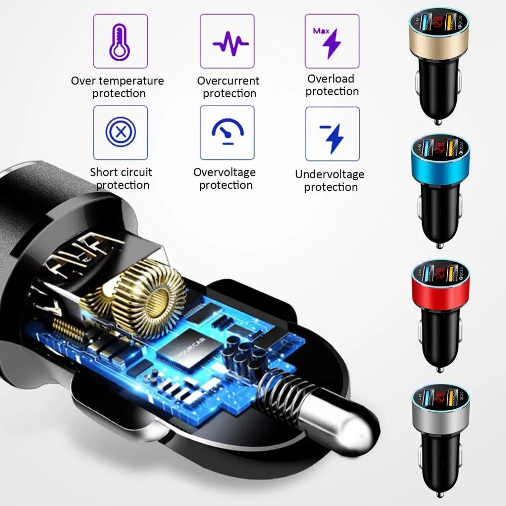 30W LED Display QC 3.0 USB Car Charger Quick Charge 30 Fast Charging Auto Charger Rapid Charging Cable for Huawei Xiaomi Samsung