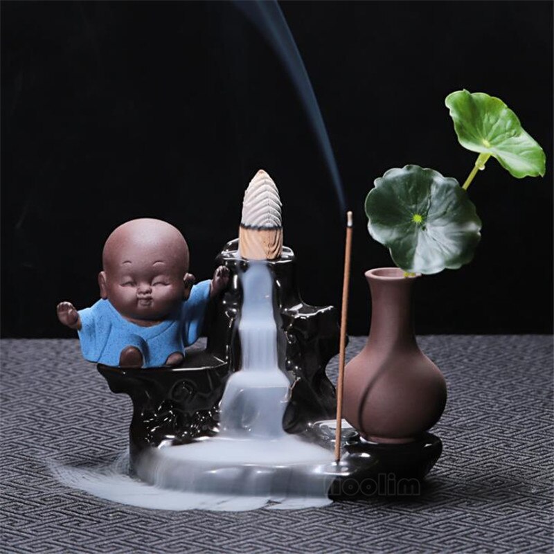 Little Monk Waterfall Incense Burner Backflow Buddha Incense Holder Censer Home Decor Buddhist Aroma Furnace: Monk A