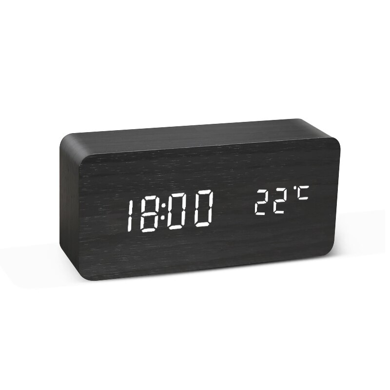 Alarm Clock LED Wooden Watch Table Voice Control USB/AAA Powered Digital Desktop Clocks Home Decor: Black B