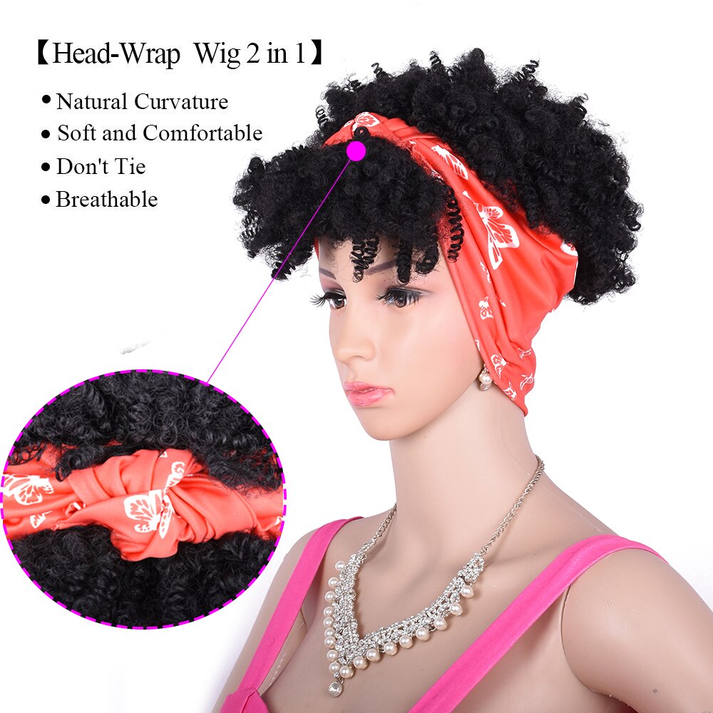 Short High Puff Afro Kinky Curly Drawstring Ponytail With Bang Headwrap Turban Wig for Black Women African Updo