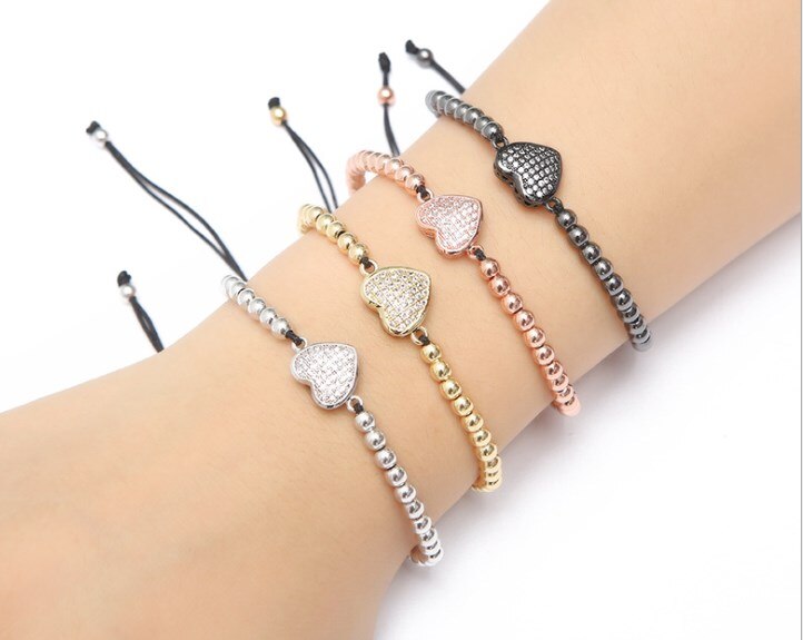 Oro argento micro pavimenta cz Cubic Zirconia corda regolabile perline di rame braccialetto cuore xv2 fascino intrecciato braccialetti donne