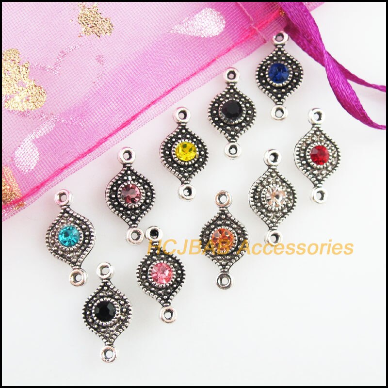 30Pcs Tibetaanse Silver Tone Retro Eye Gemengde Crystal Charms Connectors 8x16mm