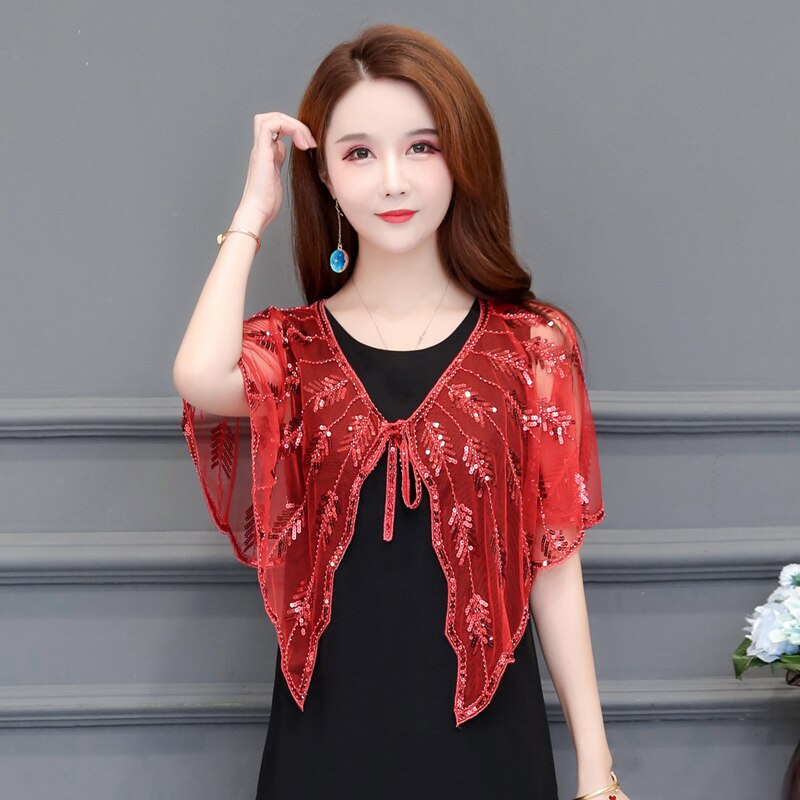 Vintage sequin sommer håndlavet hæklet blonder mesh skuldertræk bolero broderi cardigan feminino kort kappe overdimensionerede toppe kvinder kappe: Rød